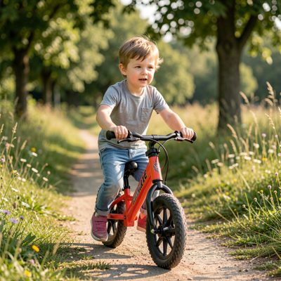 a child riding a balance bike on a path