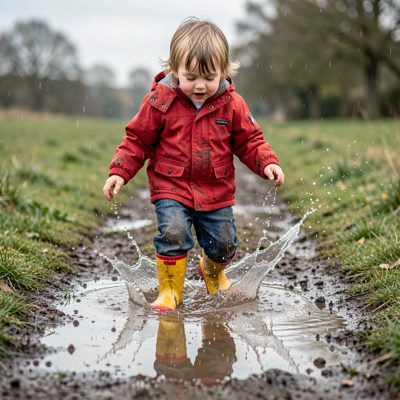 a child splashing in a puddle in wellies
