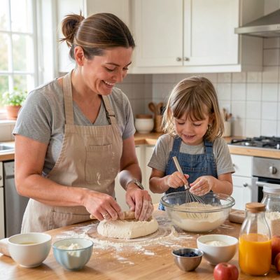 a parent and child baking together