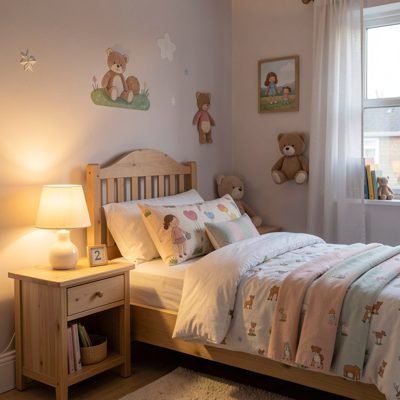 a child's bedroom with a nightlight on