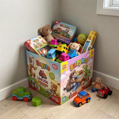 a toy box overflowing in a corner