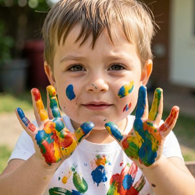 a child with paint on their hands