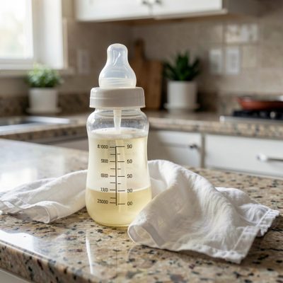 a baby bottle and muslin on a counter
