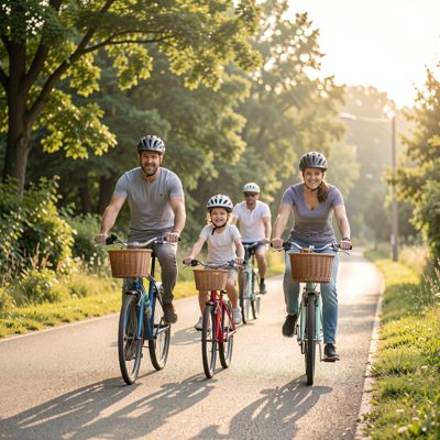 a family cycling together on a quiet lane