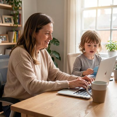 a parent working from home with a child nearby