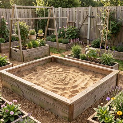a nursery garden with a sand pit