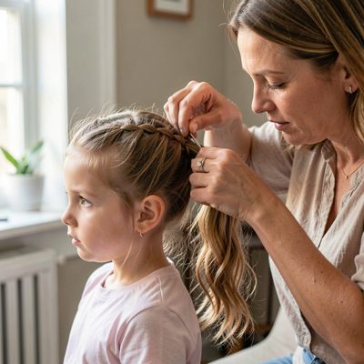 a parent plaiting a child's hair