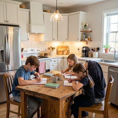 a family kitchen with children doing homework