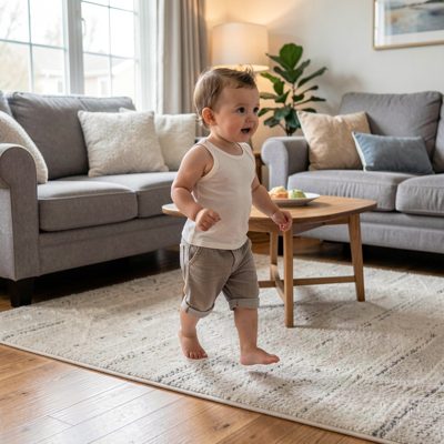 a baby's first steps across a living room