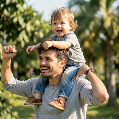 a parent carrying a child on their shoulders