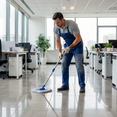 a cleaner mopping a polished office floor