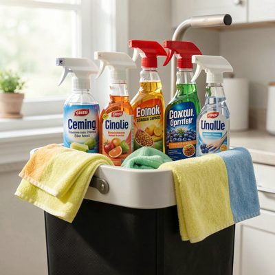 a caddy of cleaning sprays and cloths