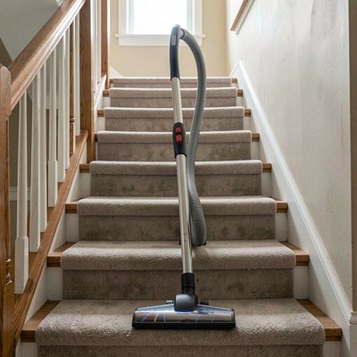 a vacuum cleaner on a carpeted stair