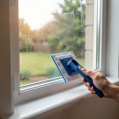a window being squeegeed clean