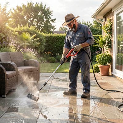 a pressure washer cleaning a patio
