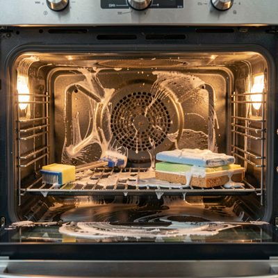 an oven interior being scrubbed