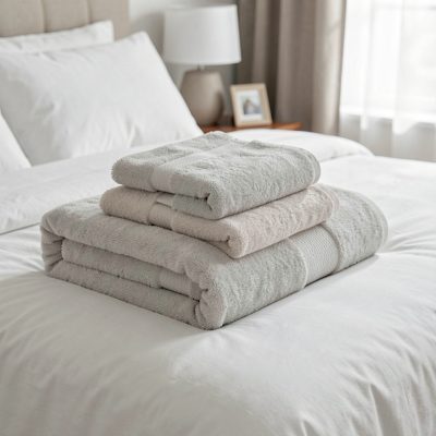 a set of clean towels arranged on a bed