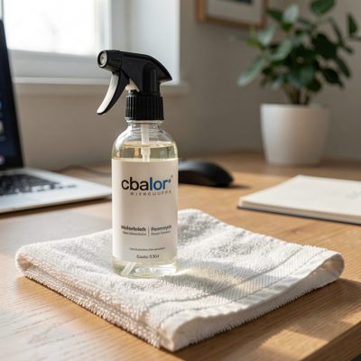 a spray bottle and cloth on a desk
