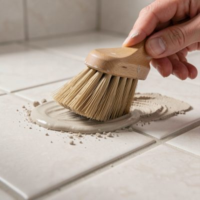 a bathroom tile grout being brushed