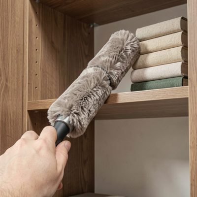 a duster reaching a high shelf