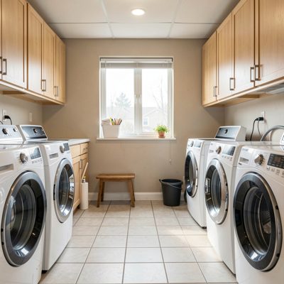 a laundry room with machines running