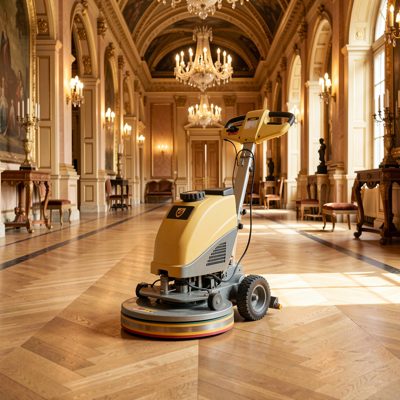 a floor polisher on a hall floor