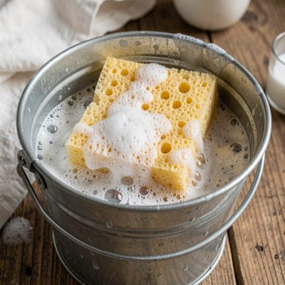 a bucket of soapy water with a sponge