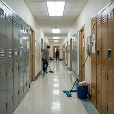 a school corridor being cleaned after hours