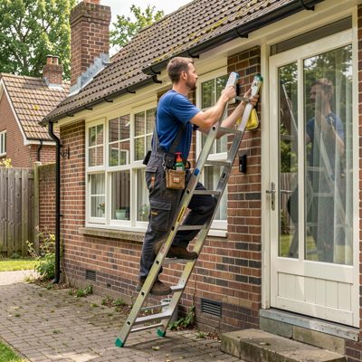 a window cleaner on a ladder outside a house