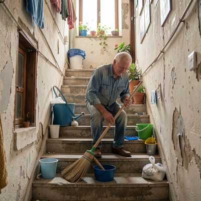 a communal stairwell being swept