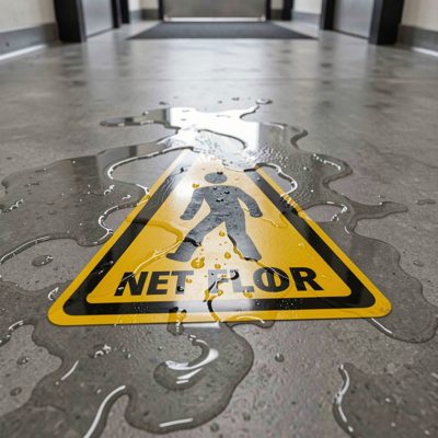 a floor sign warning of a wet floor