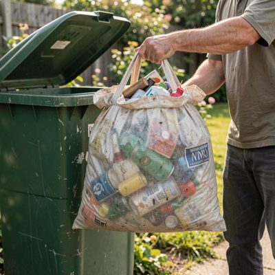 a rubbish bag being carried to a bin