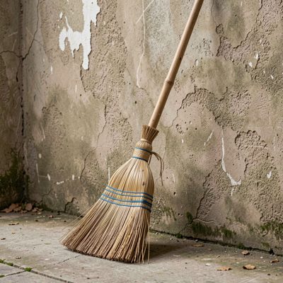 a broom leaning against a wall