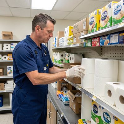 a cleaner restocking paper towels
