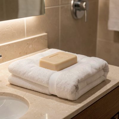 a hotel bathroom folded towel with a soap