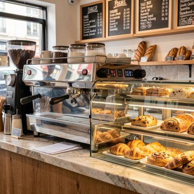 a cafe counter with a chrome espresso machine and pastries