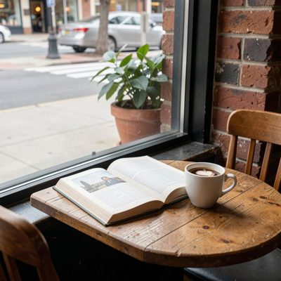 a cafe window seat with a book and a coffee