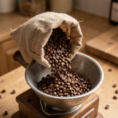 a bag of whole beans tipped into a grinder hopper