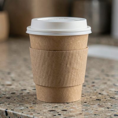a takeaway cup with a paper sleeve on a counter