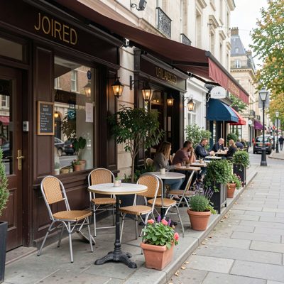 a cafe terrace with tables on a quiet pavement
