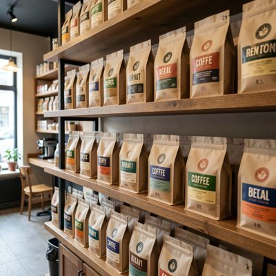 a shelf of retail coffee bags in a cafe
