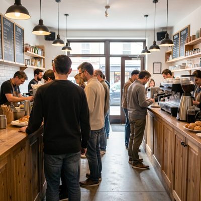 a cafe queue seen from behind the counter