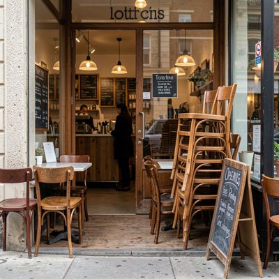 a cafe at opening time with chairs still stacked