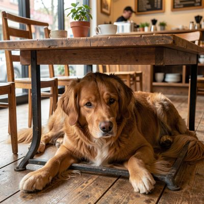 a cafe dog lying under a table