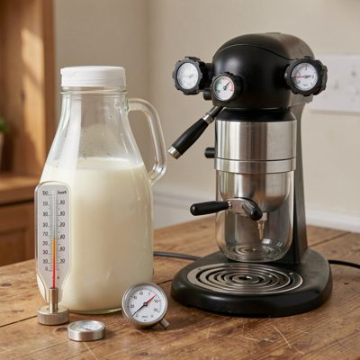 a milk jug and thermometer beside a group head