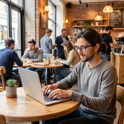 a person working on a laptop in a busy cafe