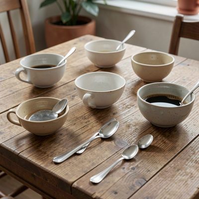 a coffee cupping table with spoons and bowls