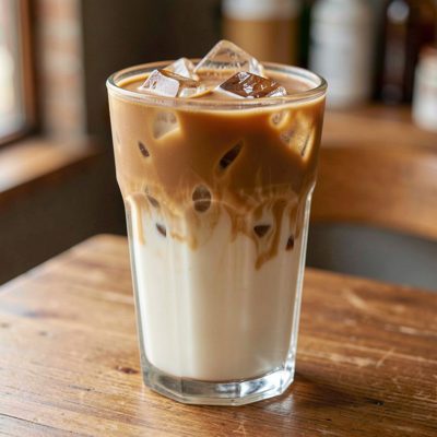 an iced latte with layers of milk and coffee