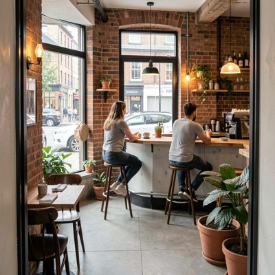 a cafe floor plan with two people at the window bar