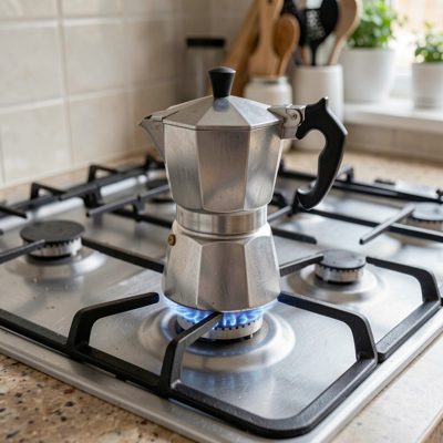 a moka pot on a gas hob